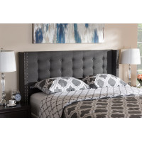 Baxton Studio BBT6627-Dark Grey-King HB Ginaro Modern And Contemporary Dark Grey Fabric Button-Tufted Nail head King Size Winged Headboard